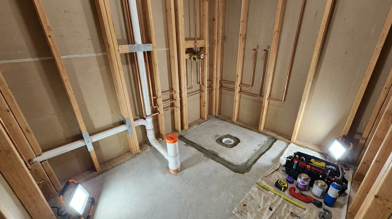 Bathroom rough-in plumbing during remodel by Johns Plumbing LLC in French Settlement
