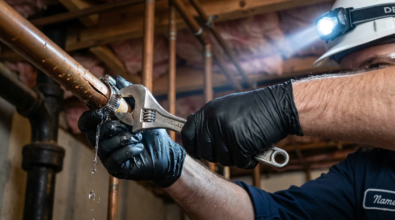 Emergency pipe clamp repair being performed by a Johns Plumbing LLC plumber in French Settlement