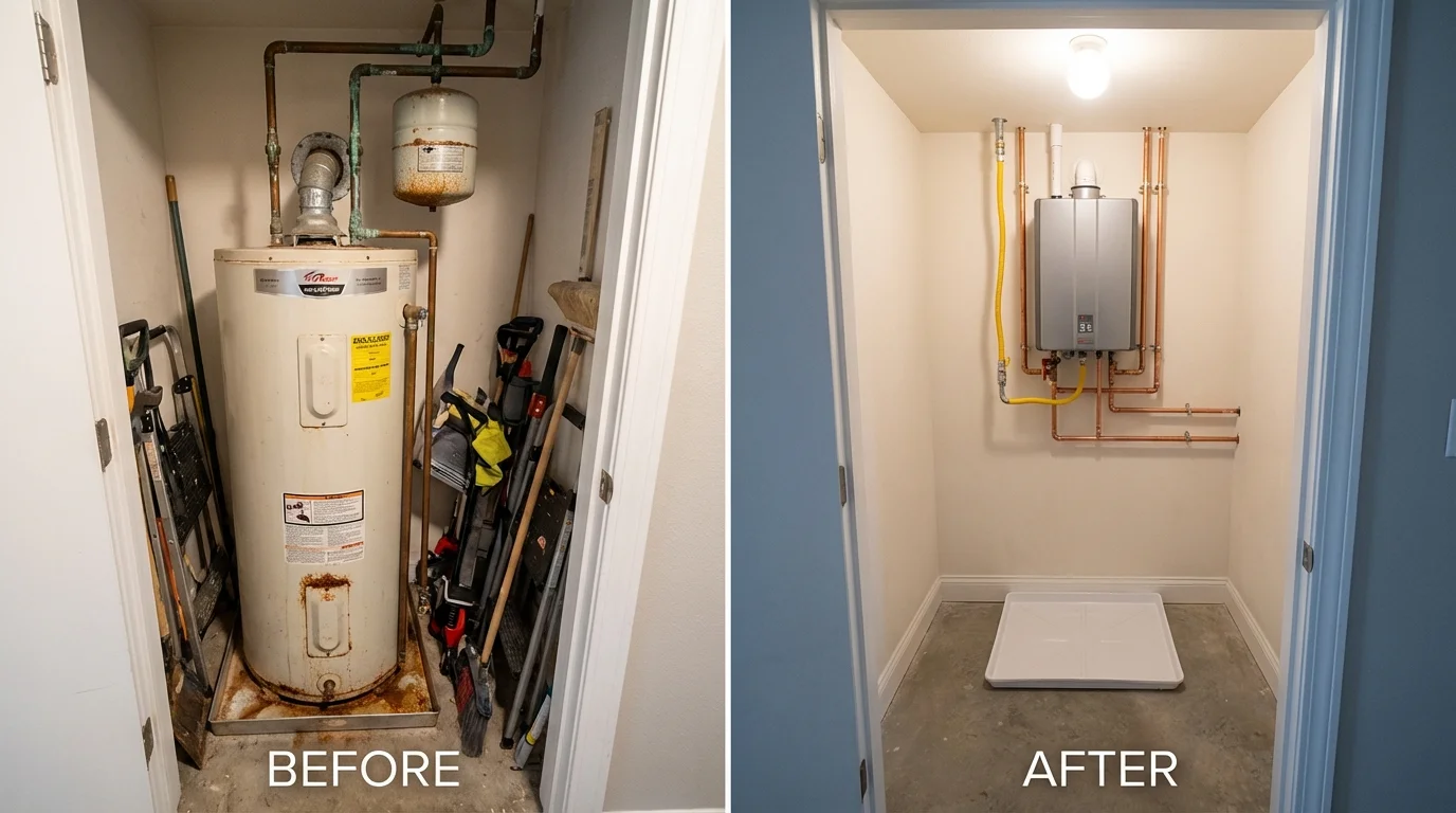 Tank water heater versus wall-mounted tankless unit comparison for French Settlement, LA homeowners