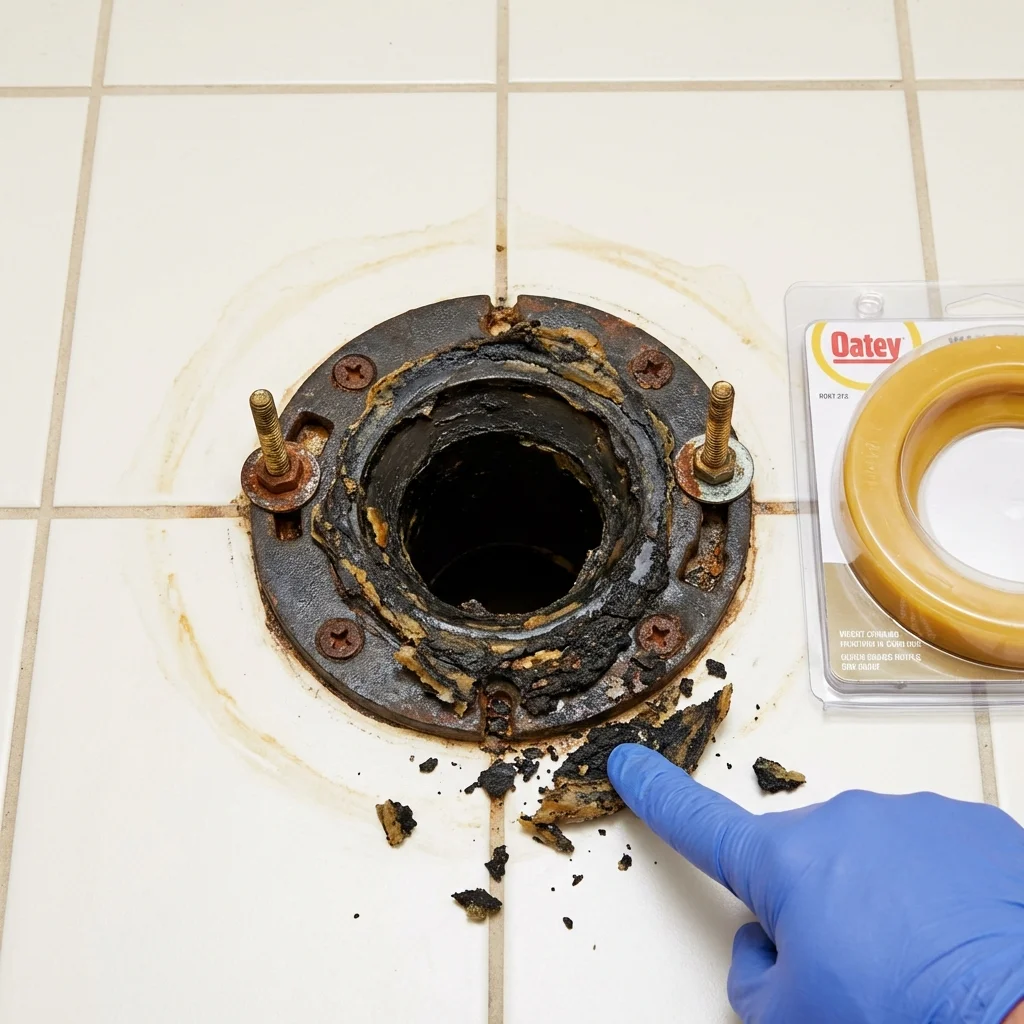 Failed wax ring showing water seepage at the base of a toilet in a French Settlement, LA home