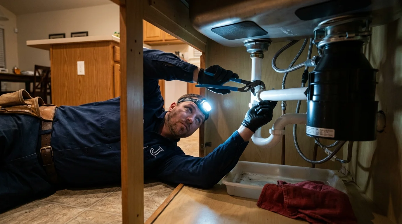 P-trap and supply line connections under a kitchen sink showing a common leak point in French Settlement, LA